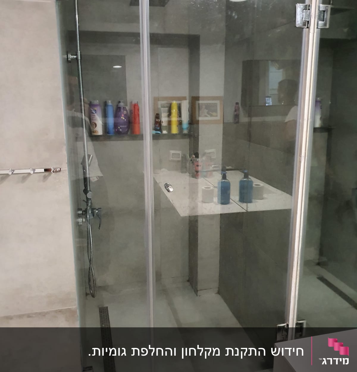 מקלחון זכוכית עם בקבוקי שמפו ומרכך על מדף